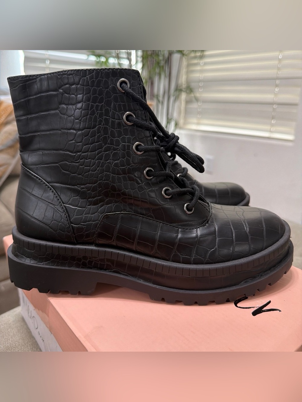 Jessica Simpson Black Croc-Embossed Lace-Up Combat Boots